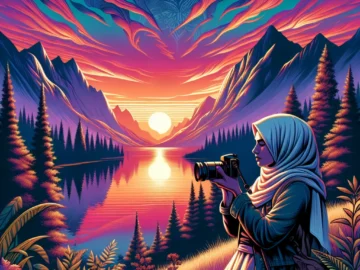 Illustration of a photographer in the wilderness, camera in hand, capturing a stunning sunrise over a tranquil lake, surrounded by towering mountains and lush forests.
