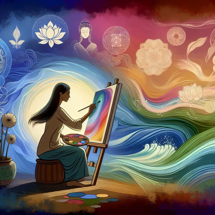 Illustration of a serene individual painting on a canvas, surrounded by vibrant colors and calming symbols, with a noticeable transformation from a gloomy to a brighter aura.