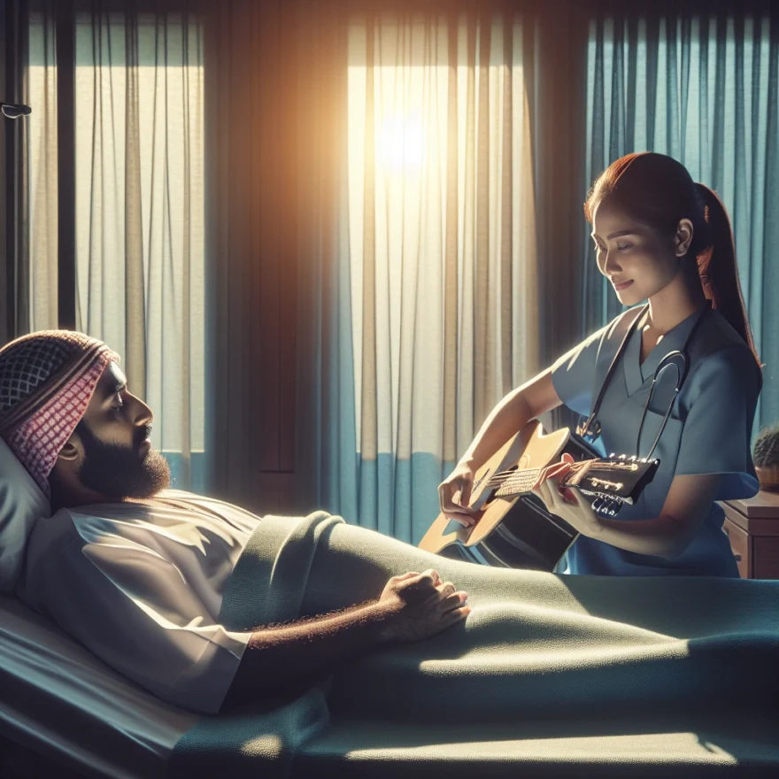 Illustration of a serene hospital room, a patient peacefully listening to a nurse playing the guitar, soft light filtering through the window, emphasizing the calming atmosphere.