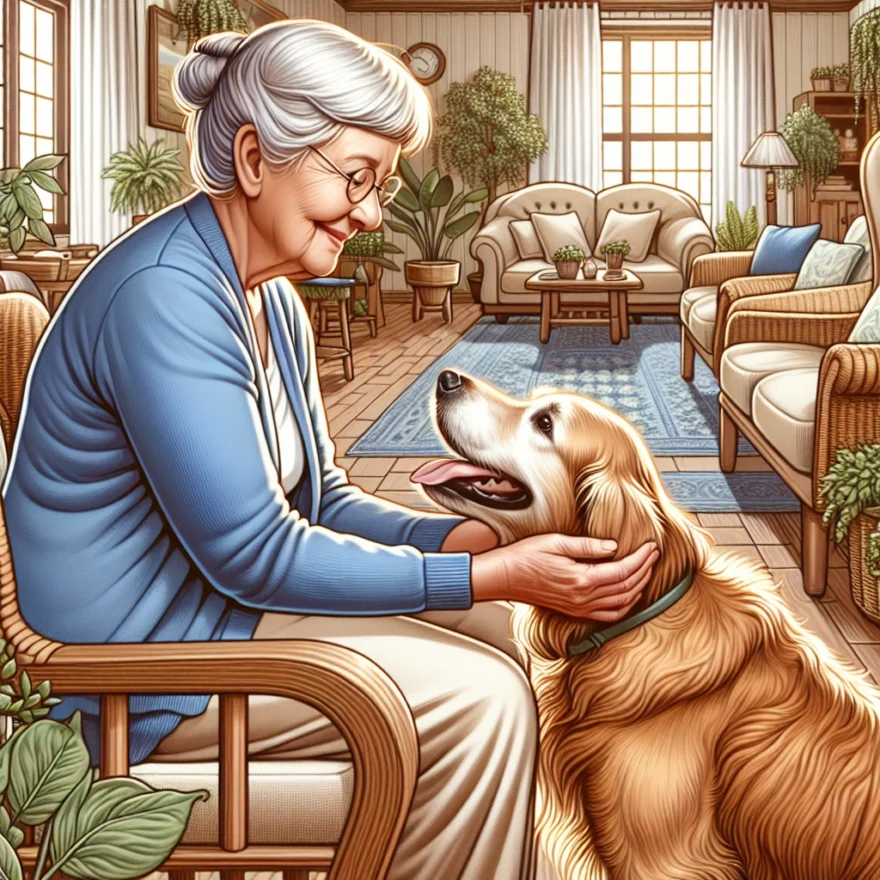 Illustration of a serene elderly woman, joyfully interacting with a friendly golden retriever, in a cozy nursing home environment, symbolizing the soothing effects of pet therapy.