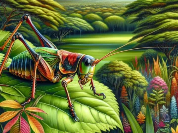 Illustration of a vibrant African Bush Cricket perched on a leaf, with an exotic, colorful African landscape in the background, showcasing its unique, chirpy world.