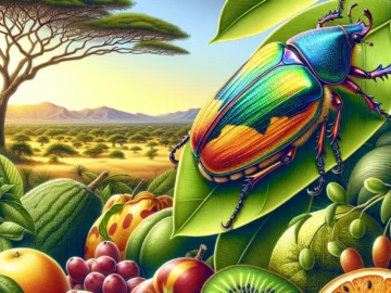 Illustration of a vibrant African Fruit Chafer Beetle, intricately detailed, perched on a lush leaf, surrounded by exotic fruits, with a vivid African landscape in the background.