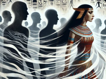 Illustration of Nefertiti, resplendent in traditional Egyptian attire, vanishing into a swirl of hieroglyphics, while shadowy modern figures lurk in the background, hinting at a possible cover-up.