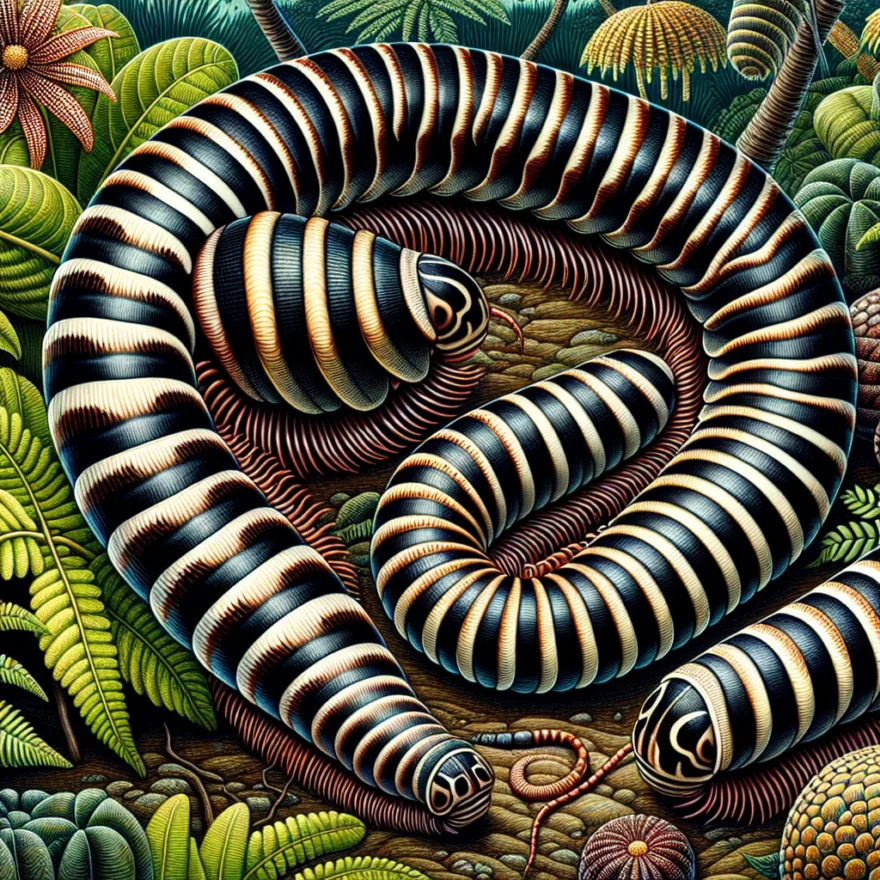 The Curious African Zebra Pill Millipedes: Nature’s Unique Creations Illustration of vibrant African Zebra Pill Millipedes in their natural habitat, their intricate patterns highlighted. One is curled defensively, showcasing its unique protective mechanism. Background features exotic flora, enhancing the wilderness feel.
