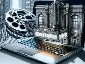 Illustration of a massive, vintage movie theater being overshadowed by a modern, sleek laptop streaming films, symbolizing the shift in film consumption from traditional to digital platforms.