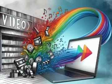 Illustration of a vibrant video store fading into grayscale, while a colorful streaming service logo emerges from a laptop screen, symbolizing the transition from physical to digital media.
