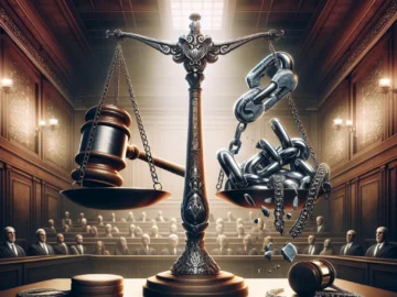 Illustration of a balanced scale, one side holding a gavel representing law and order, the other side carrying a broken chain symbolizing freedom, with a somber courtroom backdrop.