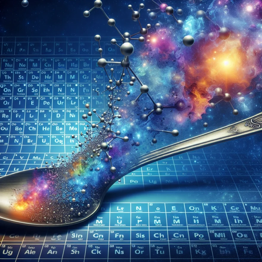 Illustration of a silver spoon melting into a vibrant, swirling galaxy, with various scientific elements like atoms and molecules floating around, all set against the backdrop of a periodic table.