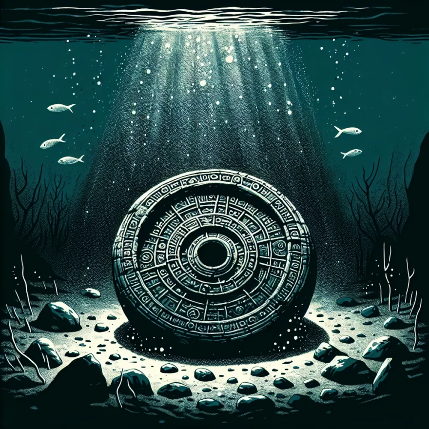 Illustration of a mysterious, circular object submerged in the dark depths of the Baltic Sea, surrounded by aquatic life, hinting at an enigmatic, potentially ancient origin.
