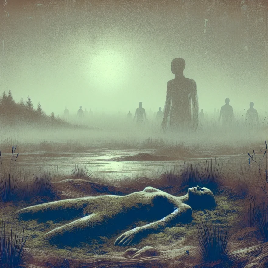 The Enigma of the Bog Bodies: Ancient Sacrifices or Unsolved Murders? Illustration of a misty, eerie bog landscape, with shadowy figures in the background, and a partially preserved ancient bog body in the foreground, hinting at a mysterious past.