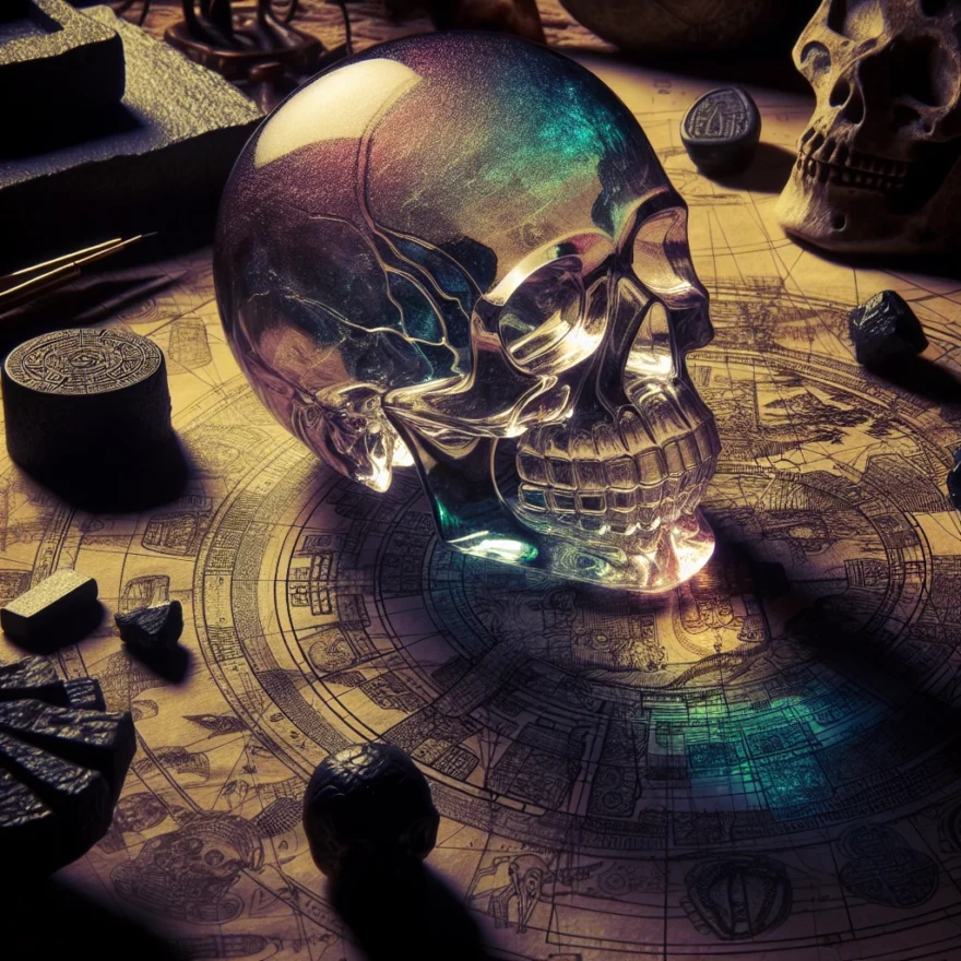 Illustration of a mysterious crystal skull bathed in soft, ethereal light, placed on an ancient map, surrounded by archaeological tools, with shadowy Mayan ruins in the background.