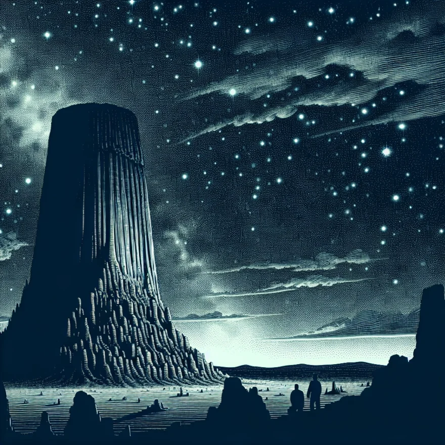 Illustration of the Devil's Tower, a colossal geological formation, rising majestically against a backdrop of a star-studded night sky, with shadowy figures observing its mystery from the foreground.
