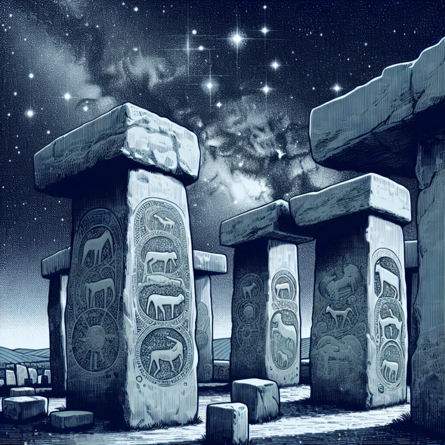 Illustration of towering monolithic structures, intricately carved animals on pillars, under a star-studded sky, hinting at the mysterious Gobekli Tepe site's ancient allure and possible extraterrestrial connections.