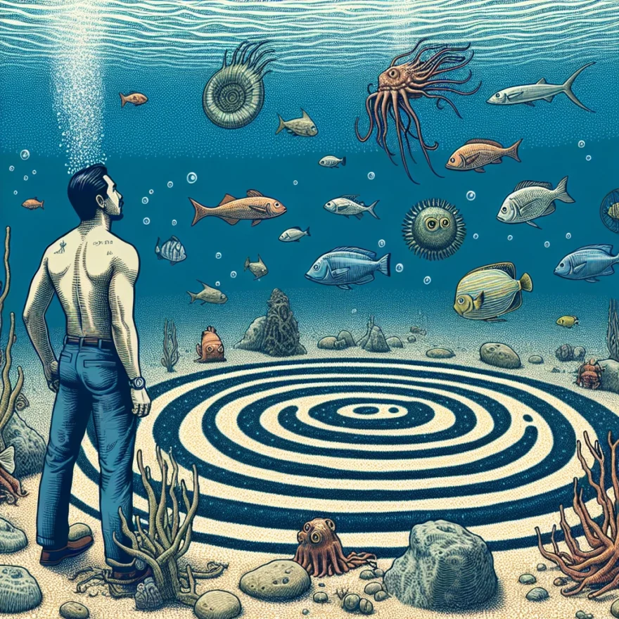 The Enigma of the Underwater Crop Circles: Natural Phenomenon or Artistic Creations? Illustration of a mysterious underwater crop circle, intricate patterns etched into the ocean floor, surrounded by curious marine life, with a diver observing from a distance, awestruck by the enigmatic beauty.