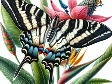 Illustration of a vibrant African Zebra Swallowtail Butterfly, delicately perched on a tropical flower, showcasing its unique black and white stripes and red and blue markings.