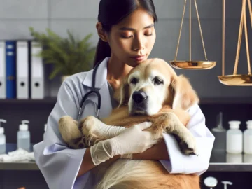 The Ethics of Animal Euthanasia: When Is It Justified? Illustration of a solemn veterinarian cradling a weak, elderly dog in a clinical setting, with a scale of justice symbol subtly hovering above.