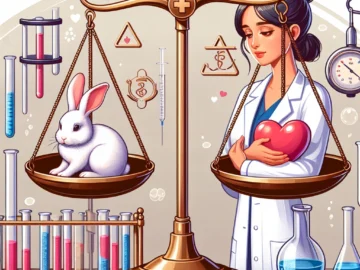 The Ethics of Animal Experimentation: Weighing the Benefits and Costs Illustration of a scientist in a lab coat holding a rabbit, with a balance scale showing a medical symbol and a heart on opposite ends, reflecting the dilemma.