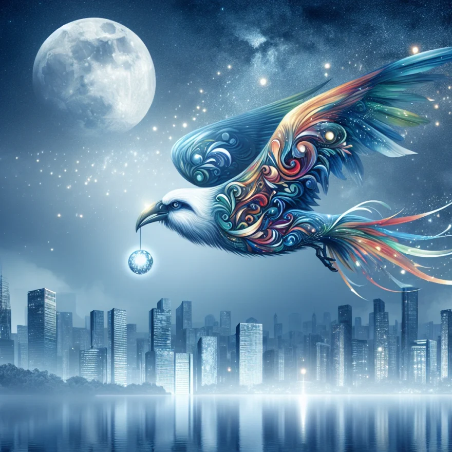 The Feathered Thief: Beauty, Obsession, and the Daring Heist Illustration of a majestic, multi-colored bird in mid-flight, clutching a shimmering jewel in its beak, against a backdrop of a moonlit, mysterious cityscape.
