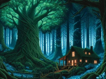 The Fiction of Hugh Jackman’s Forbidden Forest Sanctuary Illustration of a dense, mystical forest with towering ancient trees, glowing magical creatures, and a serene, hidden cabin. Hugh Jackman stands at the entrance, welcoming visitors with a warm smile.