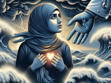 Illustration of a resilient woman standing firm against stormy waves, with a glowing heart symbolizing hope. A doctor's reassuring hand is extended towards her, symbolizing medical support.