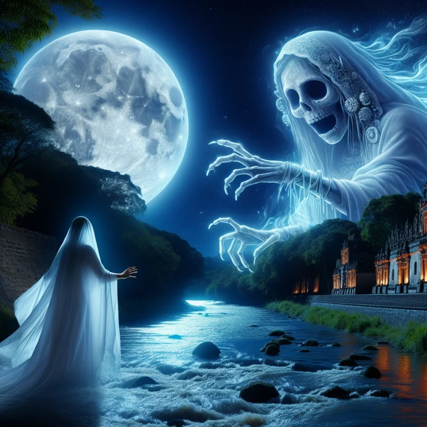 The Ghostly Legend of La Llorona: Folklore or Paranormal Phenomenon? Illustration of a spectral woman, cloaked in white, weeping by a moonlit river; her ethereal form casting an eerie glow on the surrounding ancient Mexican architecture.