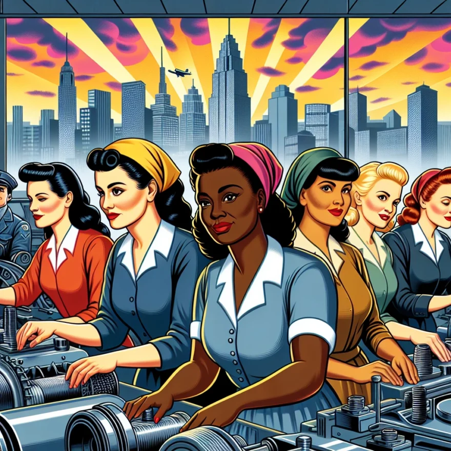 Illustration of a group of determined women clad in 1940s attire, working diligently on complex machinery, with a backdrop of a bustling industrial city under a vibrant, atomic-themed sky.