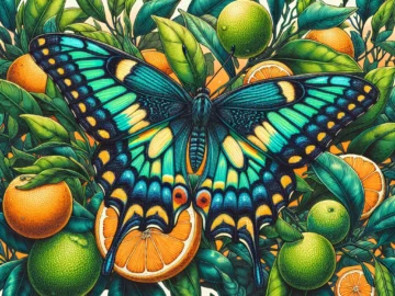 Illustration of the African Citrus Swallowtail Butterfly, depicted in vibrant hues, fluttering amidst lush citrus groves, with detailed focus on its unique wing pattern and captivating beauty.