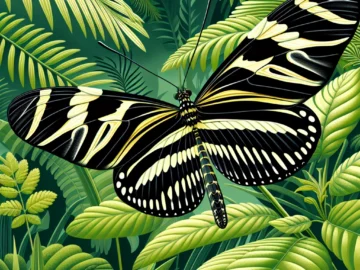 Illustration of an African Zebra Longwing Butterfly, showcasing its vibrant black and yellow stripes, delicate antennae, and intricate wing patterns, set against a backdrop of lush, tropical foliage.