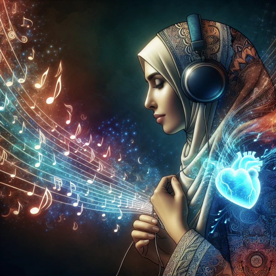 The Healing Power of Music Therapy Illustration of a serene individual wearing headphones, immersed in a melody, surrounded by musical notes, with a glowing heart symbolizing the therapeutic effect of music.
