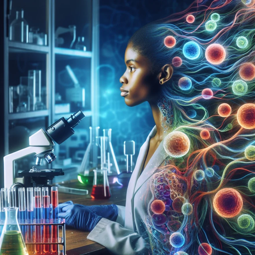 Illustration of a resilient African-American woman with vibrant cells swirling around her, signifying the immortal HeLa cells, with a backdrop of a medical laboratory.