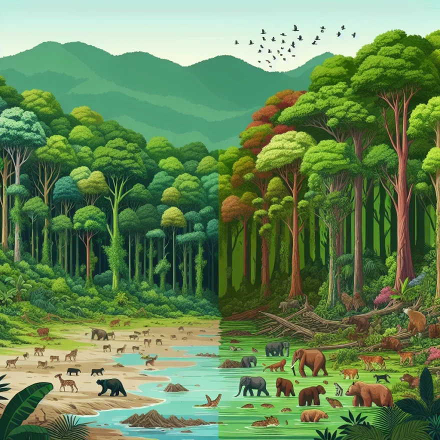Illustration of a vibrant forest gradually transitioning into a barren landscape, with various wildlife species diminishing in number, symbolizing the dire consequences of deforestation on animal mortality rates.