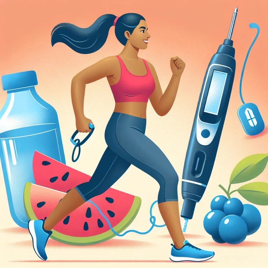 The Impact of Exercise on Diabetes Management Illustration of a person jogging with a glucose meter, fruits, water bottle, and insulin pen, symbolizing the holistic approach to managing diabetes through exercise and healthy habits.