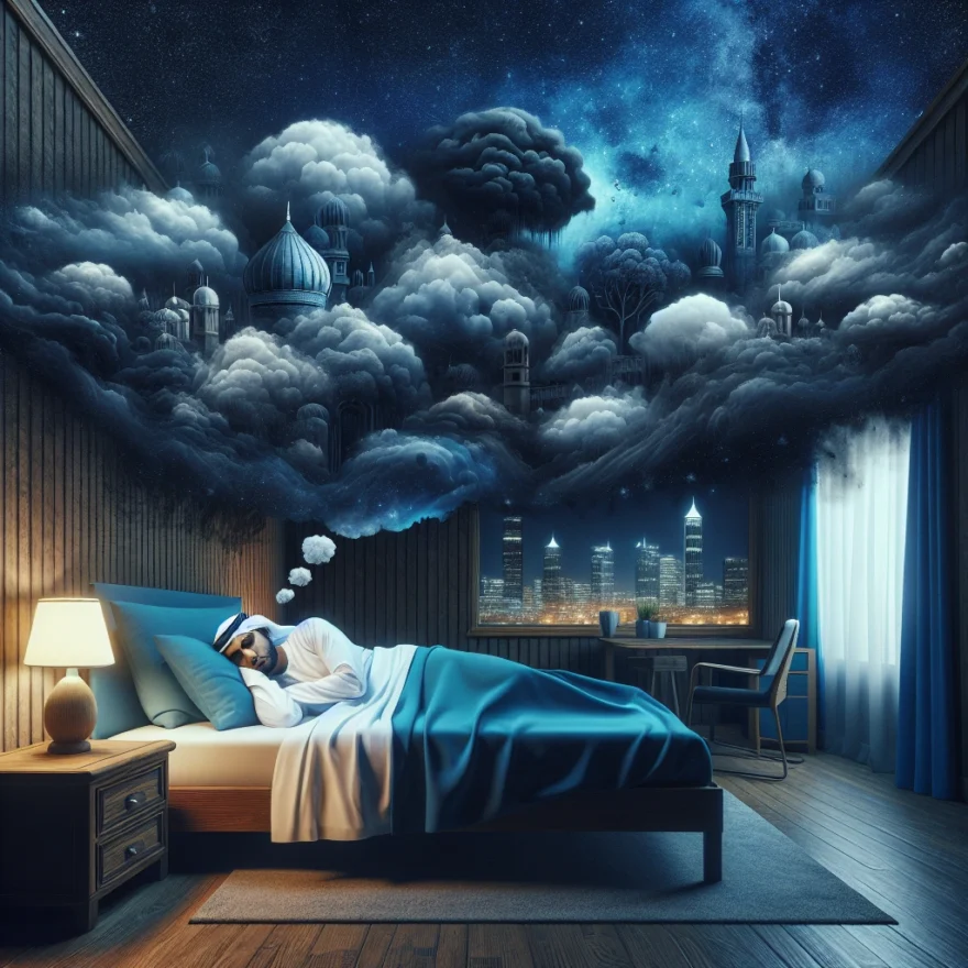 Illustration of a serene bedroom setting at night with a peacefully sleeping individual, contrasted with stormy thought bubbles depicting anxiety and stress floating away.