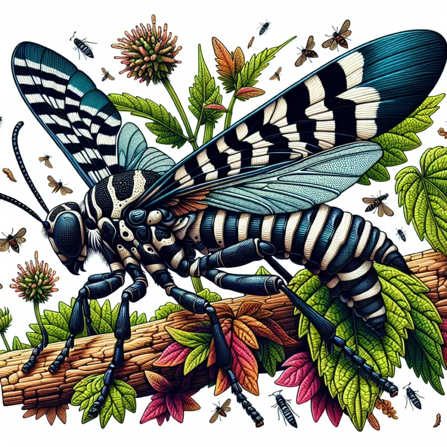 Illustration of vividly colored African Zebra Sawflies in their natural habitat, showcasing their distinctive black and white stripes, intricate wing patterns, and unique antennae.