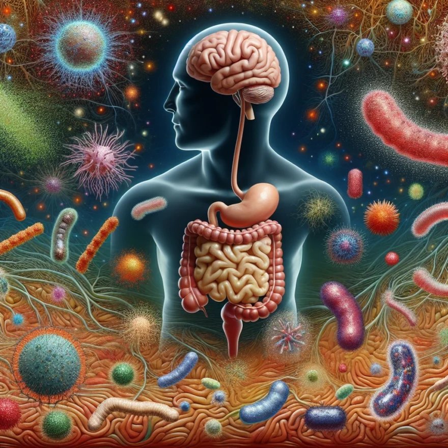 Illustration of diverse gut bacteria interacting with a human brain, symbolizing the connection between digestive system flora and mental health conditions.