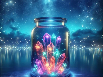 The Magic of Crystal Elixirs: Infusing Water with Crystal Energy for Healing Illustration of vibrant, glowing crystals submerged in a glass jar of water, emanating waves of energy, set against a backdrop of a serene, starlit night.