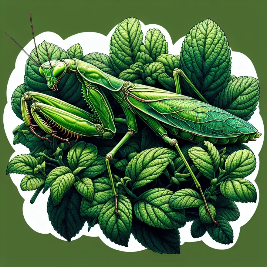 The Master of Camouflage: African Mantis Illustration of an African mantis, perfectly blended into a lush, green leafy background, showcasing its incredible camouflage ability in the wild.