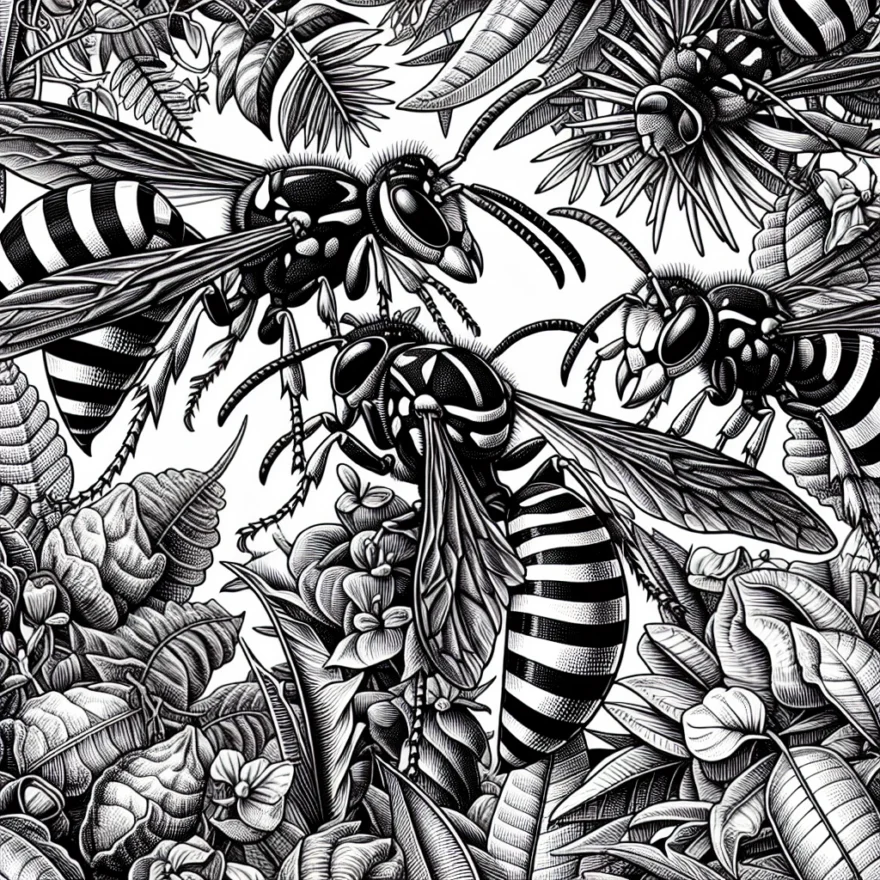 The Mysterious African Zebra Wasps: An In-depth Study Illustration of intricate African landscapes, featuring close-ups of Zebra Wasps in their natural habitat, displaying their unique black and white striped bodies amidst exotic flora.