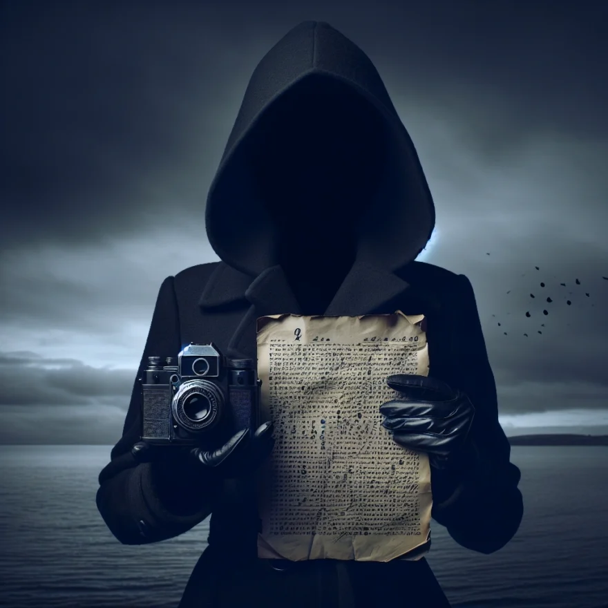 Illustration of an enigmatic figure shrouded in shadows against a backdrop of a gloomy beach, with a vintage spy camera and a cryptic coded document floating around him.