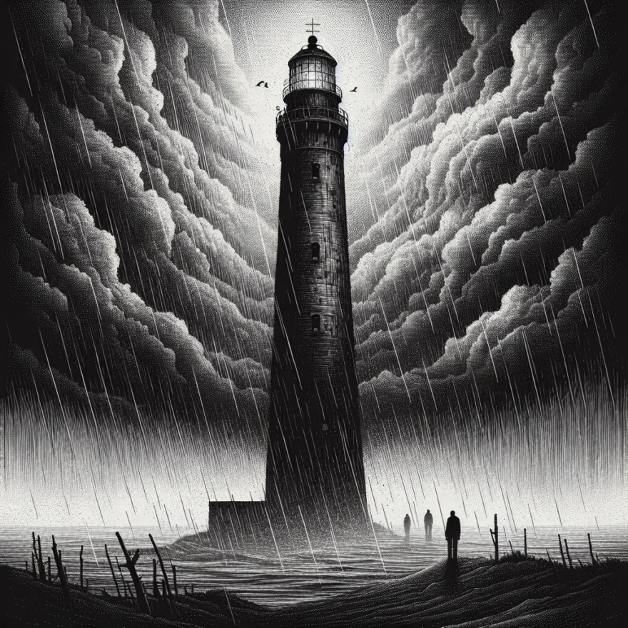 The Mysterious Disappearance of the Flannan Isles Lighthouse Keepers: Accident or Foul Play? Illustration of a desolate lighthouse under a stormy sky, with three shadowy figures disappearing into the mist, suggesting a sense of mystery and foreboding.