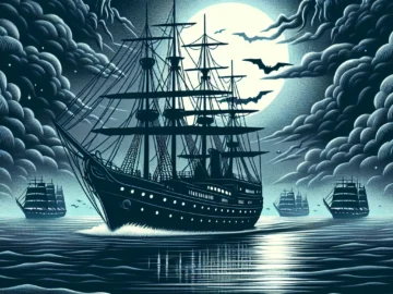 The Mysterious Disappearance of the MV Joyita: Ghost Ship or Criminal Conspiracy? Illustration of the MV Joyita sailing under a moonlit sky, with ominous shadows lurking in the background, suggesting an air of mystery and impending doom.
