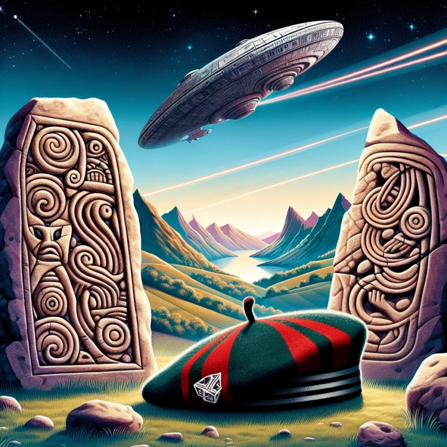 The Mysterious Origins of the Basque Language: Ancient Roots or Alien Influence? Illustration of ancient stone carvings, a traditional Basque beret, and a spaceship hovering above the Pyrenees mountains, symbolizing the mystery surrounding the Basque language's origin.