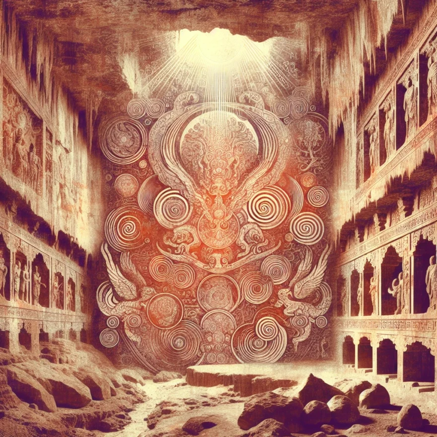 The Mysterious Origins of the Longyou Caves: Ancient Architecture or Extraterrestrial Influence? Illustration of the Longyou Caves in China, showcasing intricate carvings, mysterious symbols, and an ethereal glow, hinting at potential extraterrestrial influences in their creation.