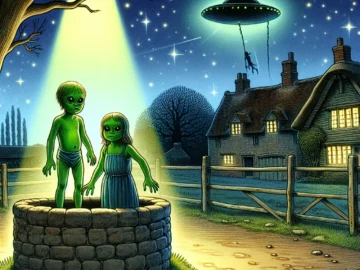 Illustration of two green-skinned children emerging from a medieval Woolpit, under a starry sky, with a mysterious UFO hovering in the background, hinting at possible extraterrestrial origins.