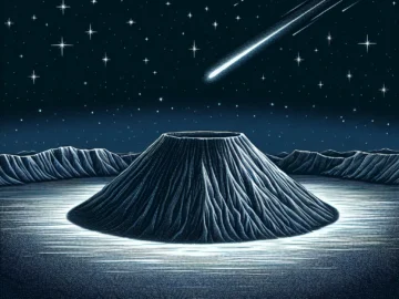 Illustration of the Patomskiy Crater in a nighttime setting, under a starlit sky, with a meteor streaking overhead. The crater's unique, conical shape is prominently featured.