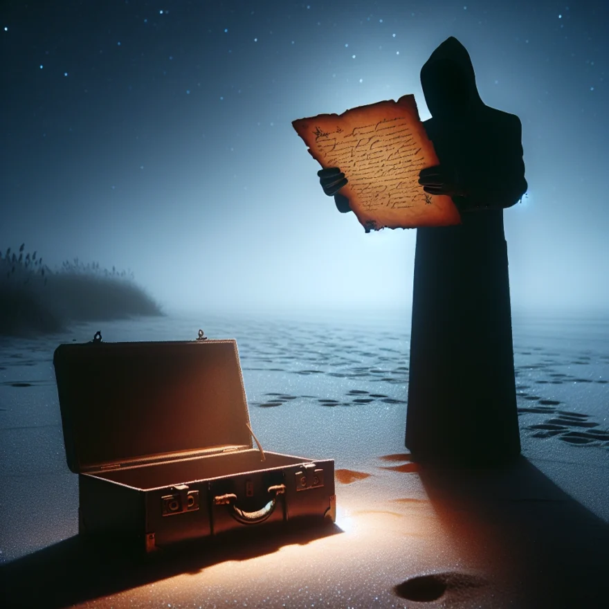Illustration of a shadowy figure clutching a cryptic note, against a backdrop of an eerie, moonlit beach, with a mysterious vintage suitcase lying open nearby.