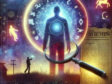 Illustration of a shadowy figure under a moonlit sky, with zodiac symbols floating around, a magnifying glass highlighting a cryptic cipher, and a newspaper headline from the 70s era.