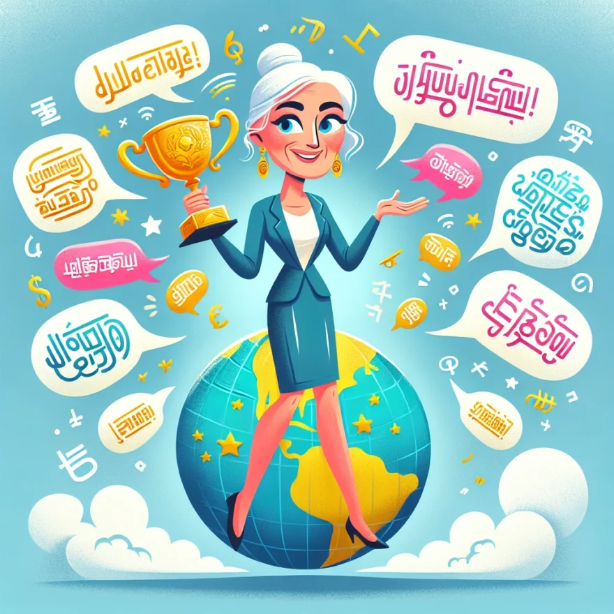 Illustration of Meryl Streep standing on a globe, surrounded by speech bubbles with various foreign scripts, while holding an Oscar. A playful, whimsical style with vibrant colors and exaggerated expressions.