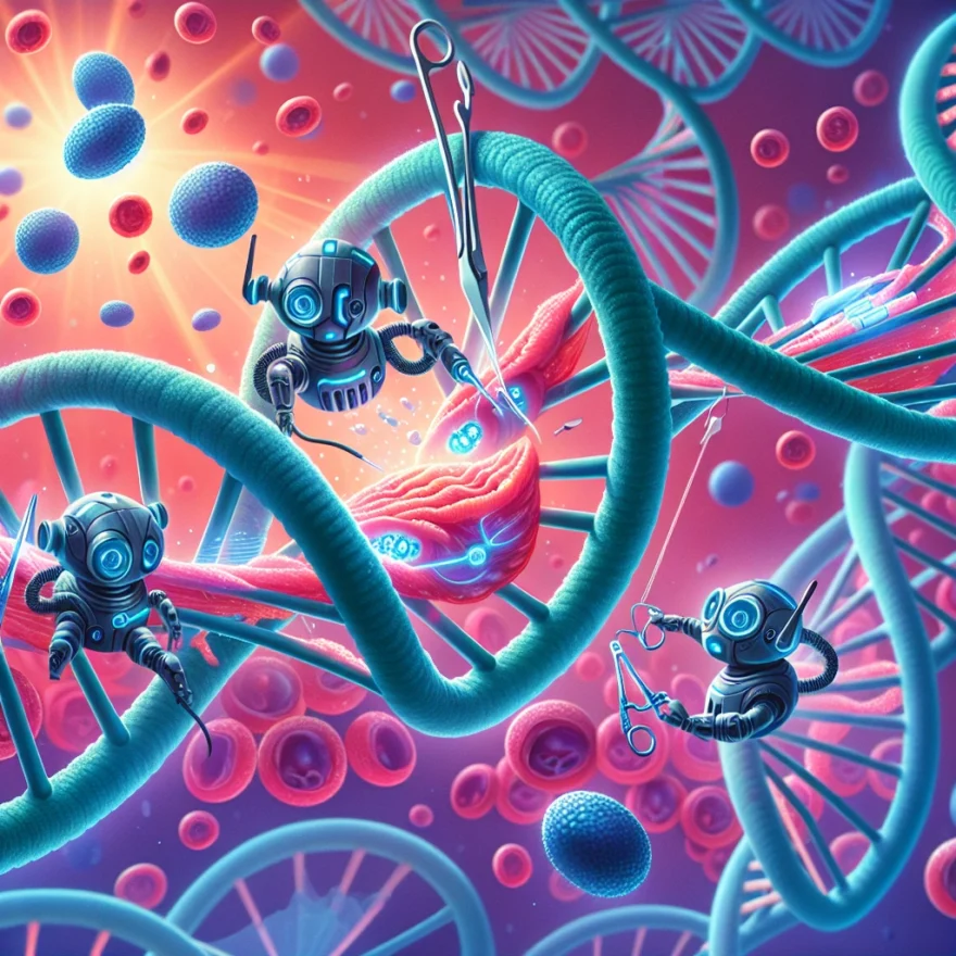 Illustration of tiny nanobots performing surgical procedures on a DNA strand, with futuristic medical tools and microscopic views of cells, showcasing the revolution in healthcare.