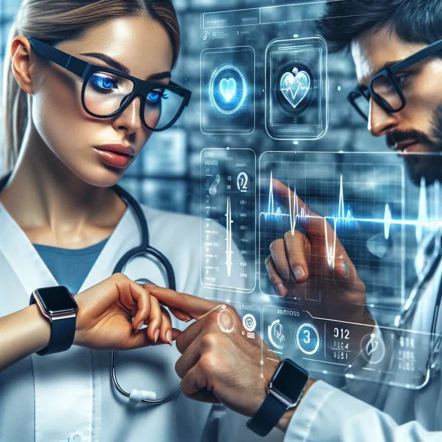 Illustration of a doctor and patient utilizing various wearable technology devices, such as smartwatches and glasses, interconnected with a digital health monitoring system.
